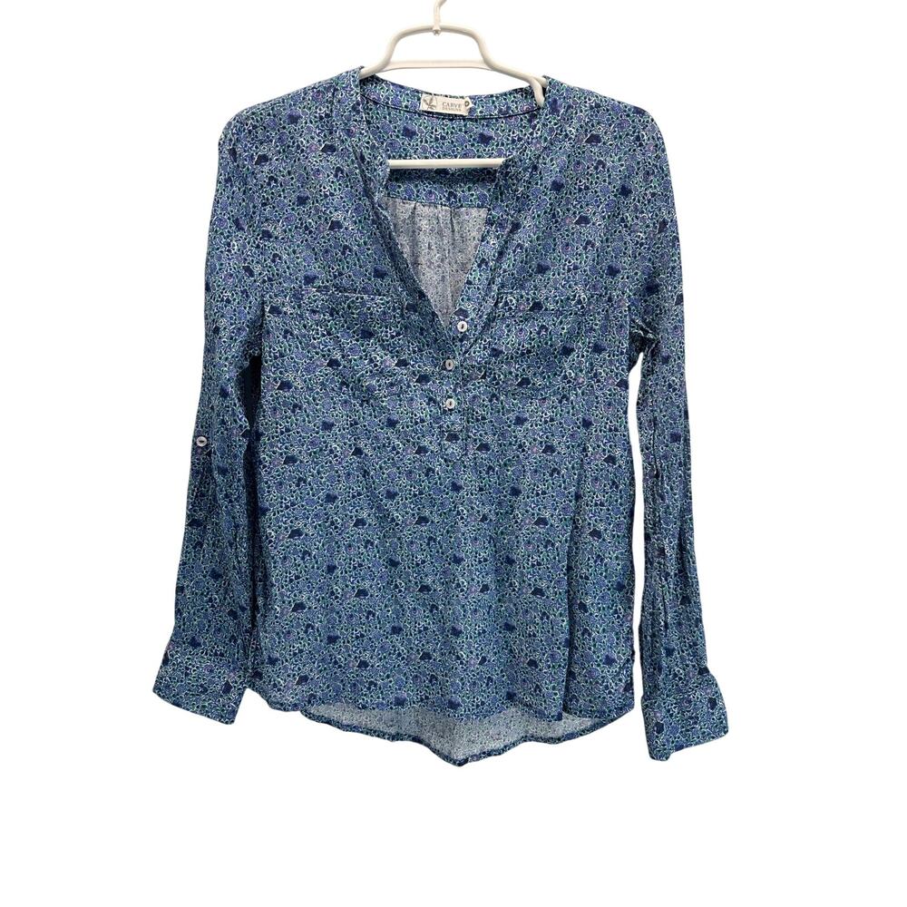 Carve Designs Pop Over Long Sleeve Roll Tab Blue Floral Top Shirt Blouse M Boho